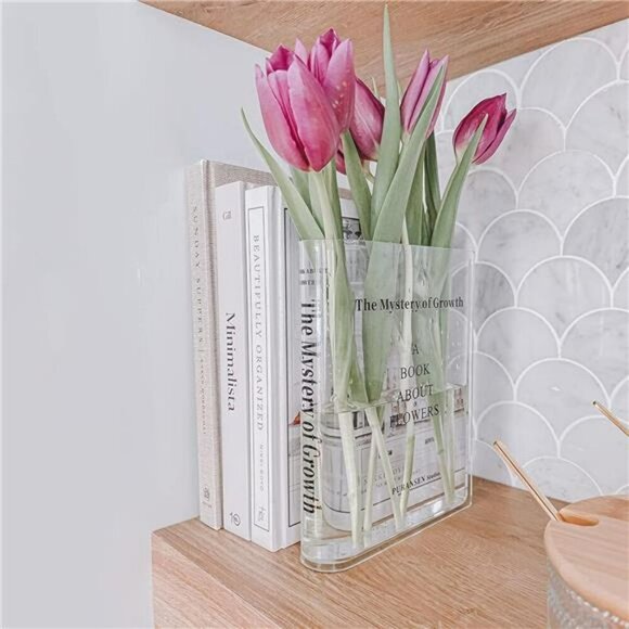 Clear Acrylic Book Vase Bookshelf Flower Holder Modern Home Office Decor - Picture 6 of 7